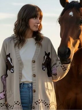 Beige Horse-Pattern Button Cardigan Sweater